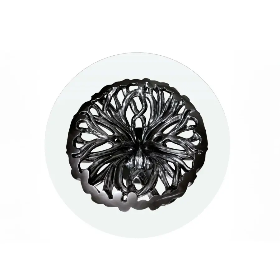 Captivating BelMondo by Bellotti Ezio Ficus table with a sculptural metal base and clear glass top in a glossy dark tone