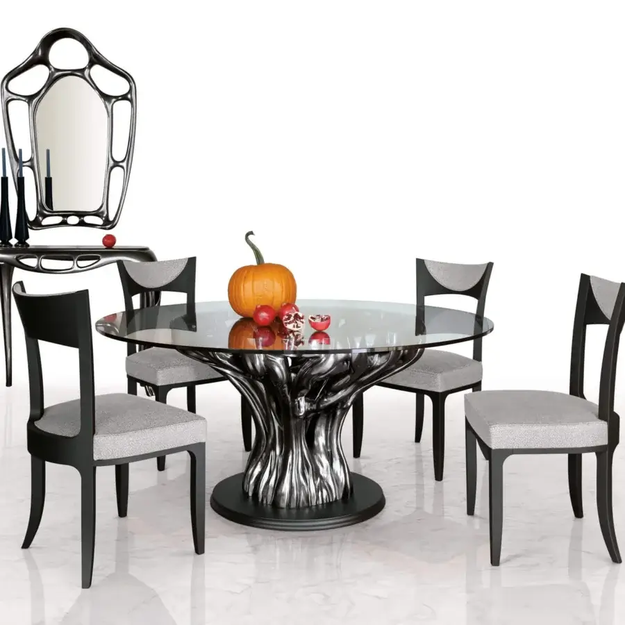 Exceptional BelMondo by Bellotti Ezio Ficus table with clear glass top and silver-toned root-like base crafted in Italy