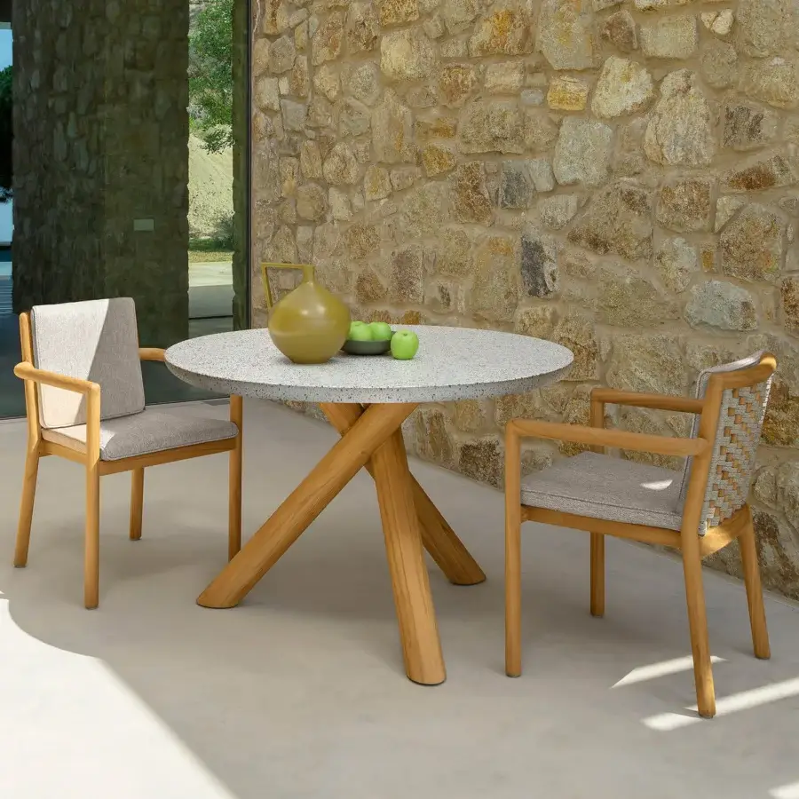 Exceptional Talenti Prichi table with a mottled pastel grit tabletop and light-toned teak wood base