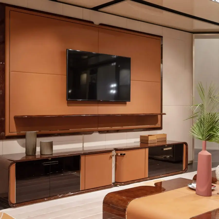 Distinguished Turri Madison TV stand with dark smoked glass and light brown solid doors, plus glossy dark wood top