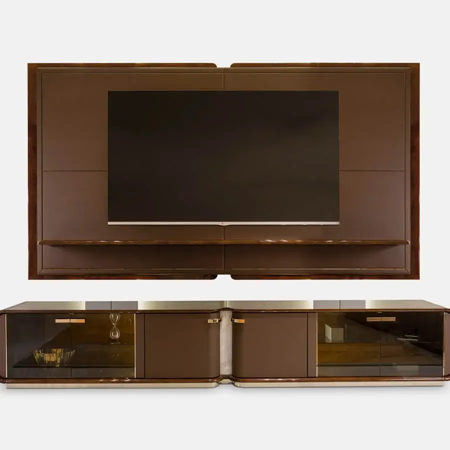 Superior Turri Madison TV stand crafted in Italy with glossy medium-brown wood, translucent glass and sleek metal accents