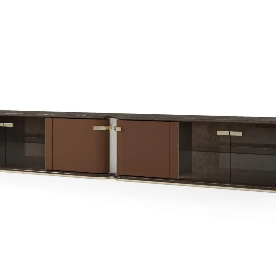 Elegant Turri Madison TV stand with dark brown wood, brown leather applications and subtle gold-toned trim crafted in Italy