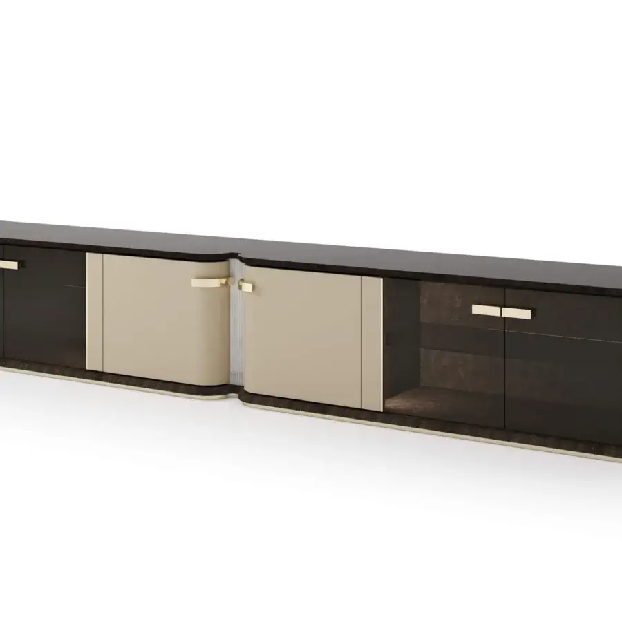 Lavish Turri Madison TV stand with dark brown textured wood, beige doors and gold metal accents built in Italy