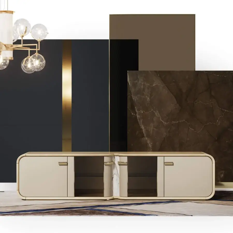Elegant Turri Madison TV stand with rounded rectangular silhouette in light beige and marble-like accents crafted with leather detailing