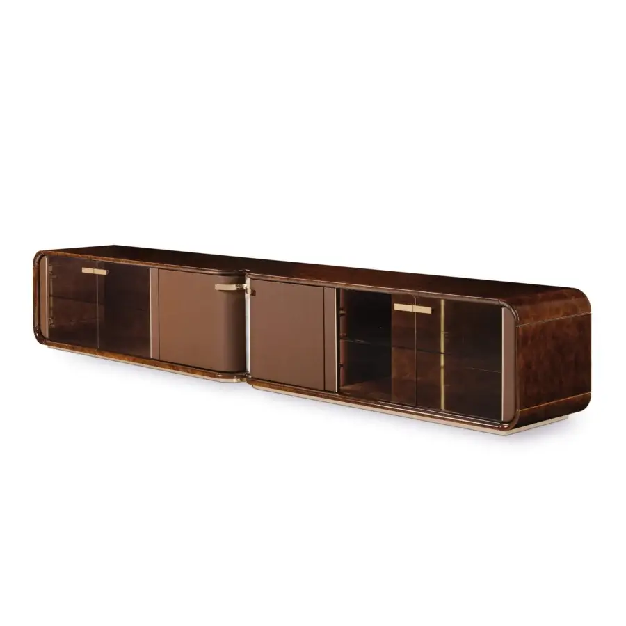 Exceptional Turri Madison TV stand with glossy dark brown wood, tan panels and minimalist gold-toned hardware crafted in Italy