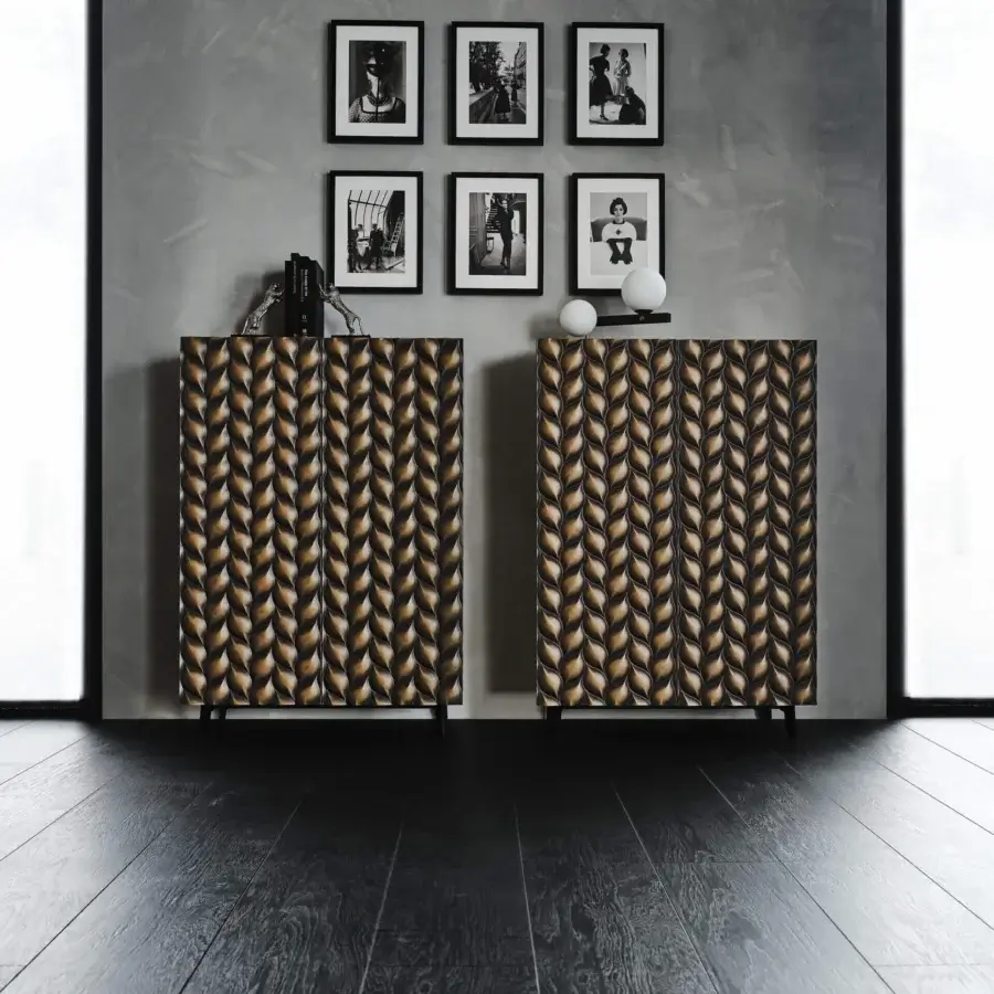 Distinguished Cattelan Italia Spiga cupboard with three-dimensional doors and alternating dark light brown metallic lacquered finish