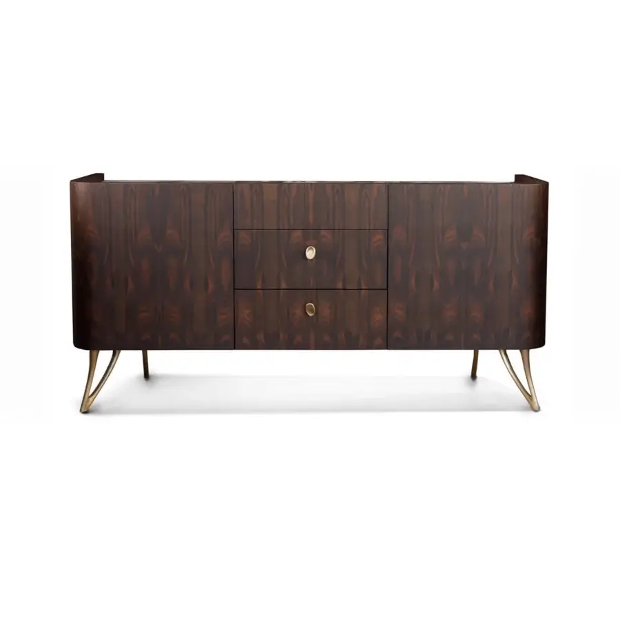 Distinguished BelMondo by Bellotti Ezio Atena sideboard with dark glossy wood and golden hardware, crafted in Italy with internal lighting