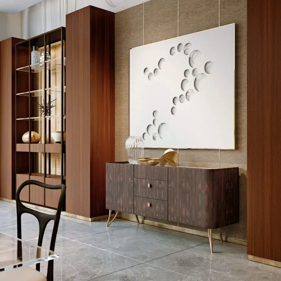 Distinguished BelMondo by Bellotti Ezio Atena sideboard with curved silhouette and rich dark brown wood complemented by metallic gold accents