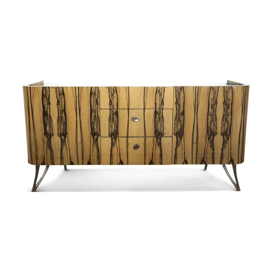 Superior BelMondo by Bellotti Ezio Atena sideboard with rounded silhouette and glossy wood grain, built with sculptural metal knobs and internal lighting