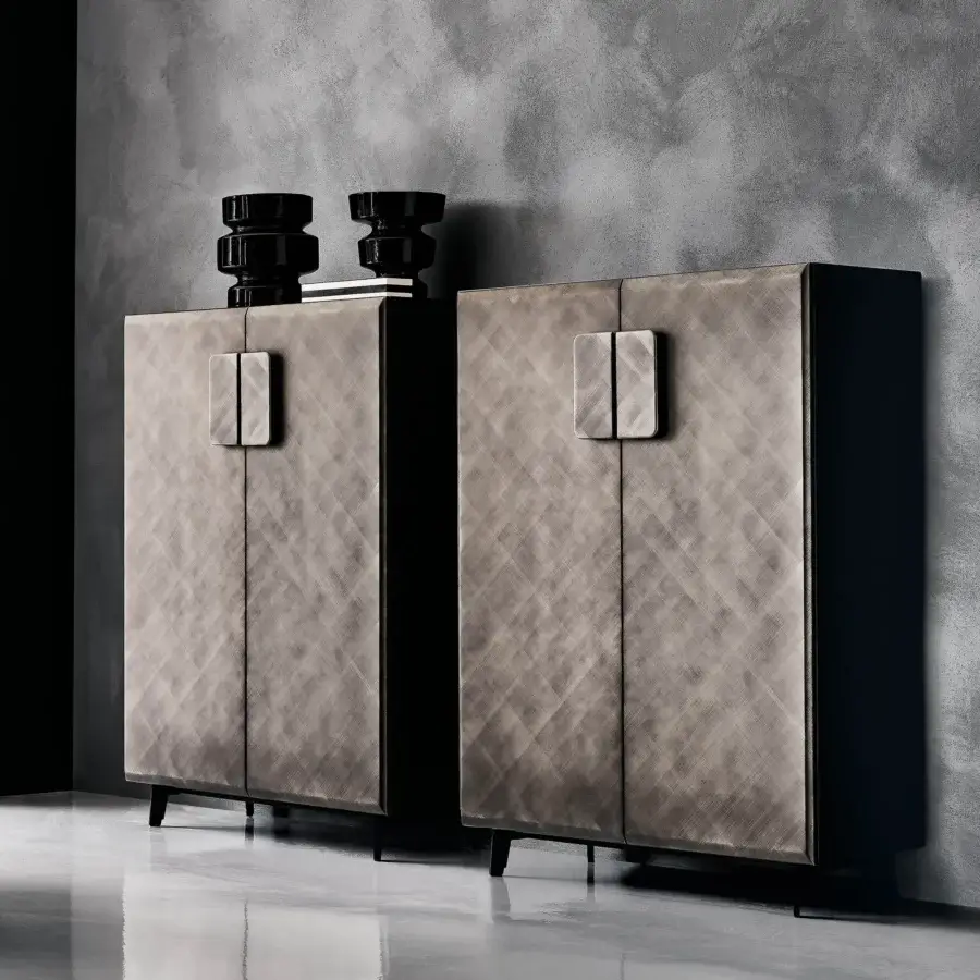 Superior Cattelan Italia Tudor cupboard with rounded edges, wide handle, and brushed gray fabric-like covering within a silky clear glass interior