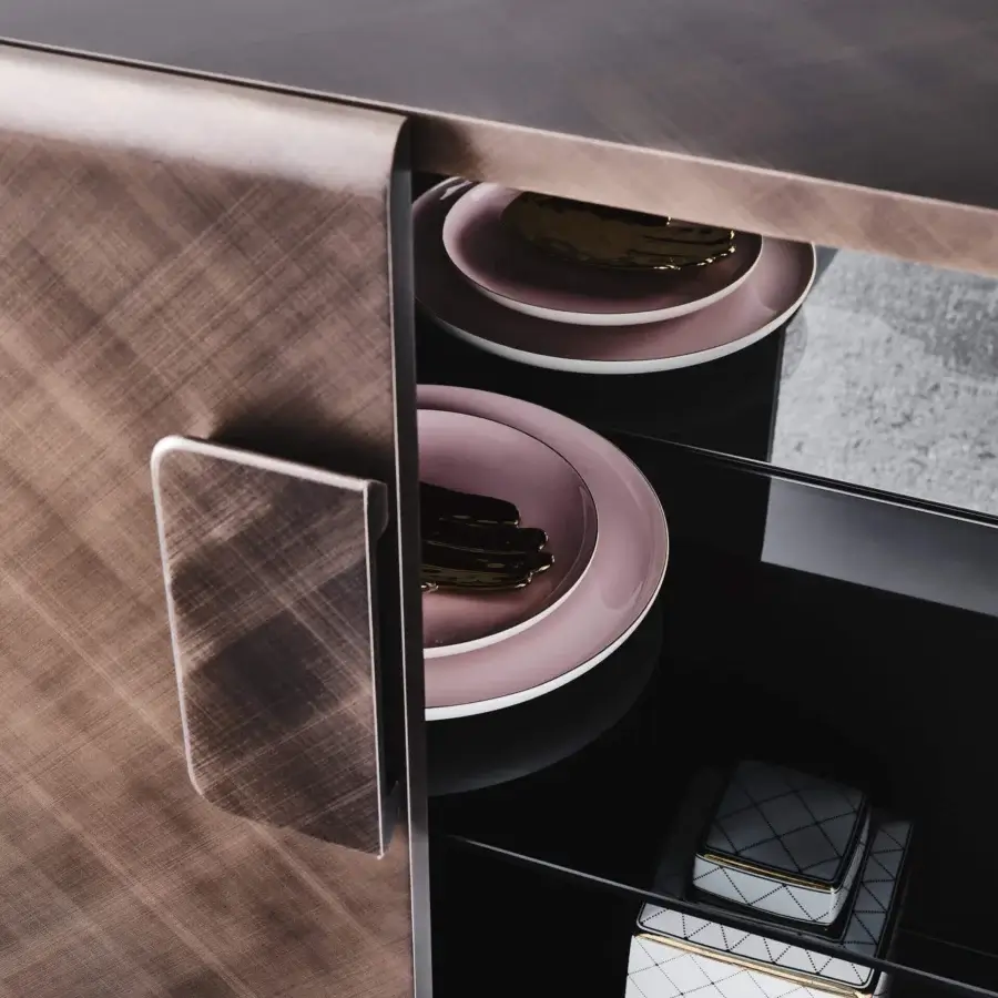 Distinguished Cattelan Italia Tudor cupboard with rounded edges, wide handle, and warm brown textured wood finish boasting silky clear glass shelves
