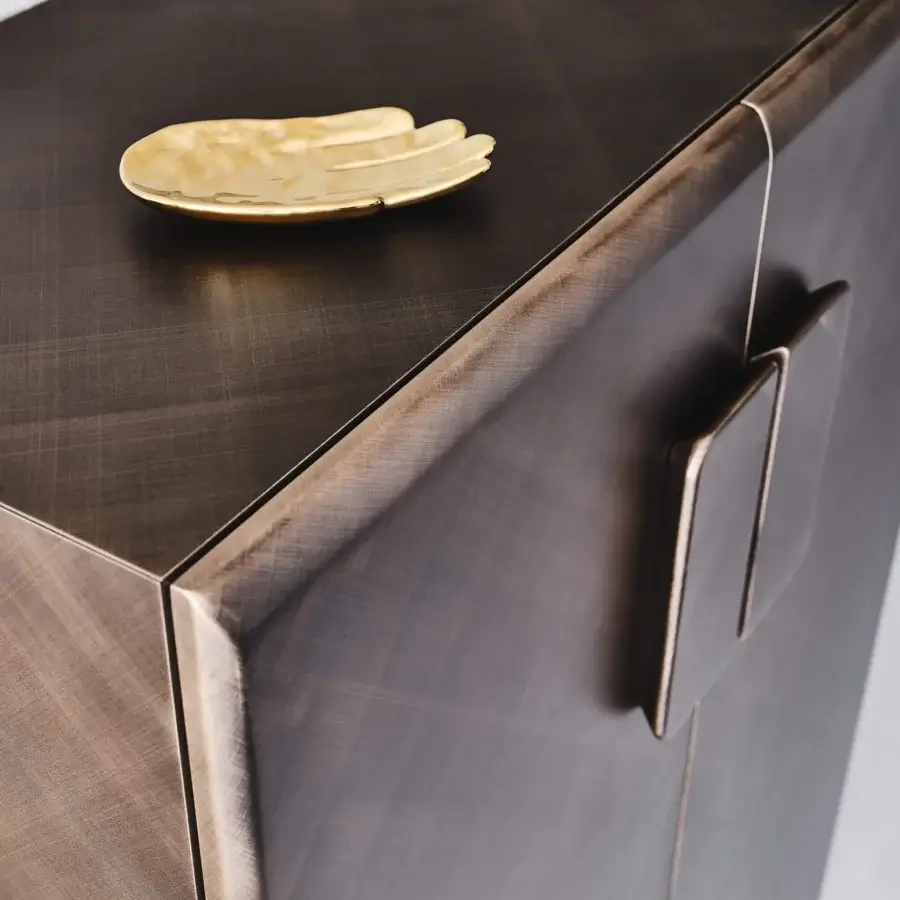 Distinguished Cattelan Italia Tudor cupboard with brushed bronze finish, rounded edges and clear glass shelves within a vertically oriented door