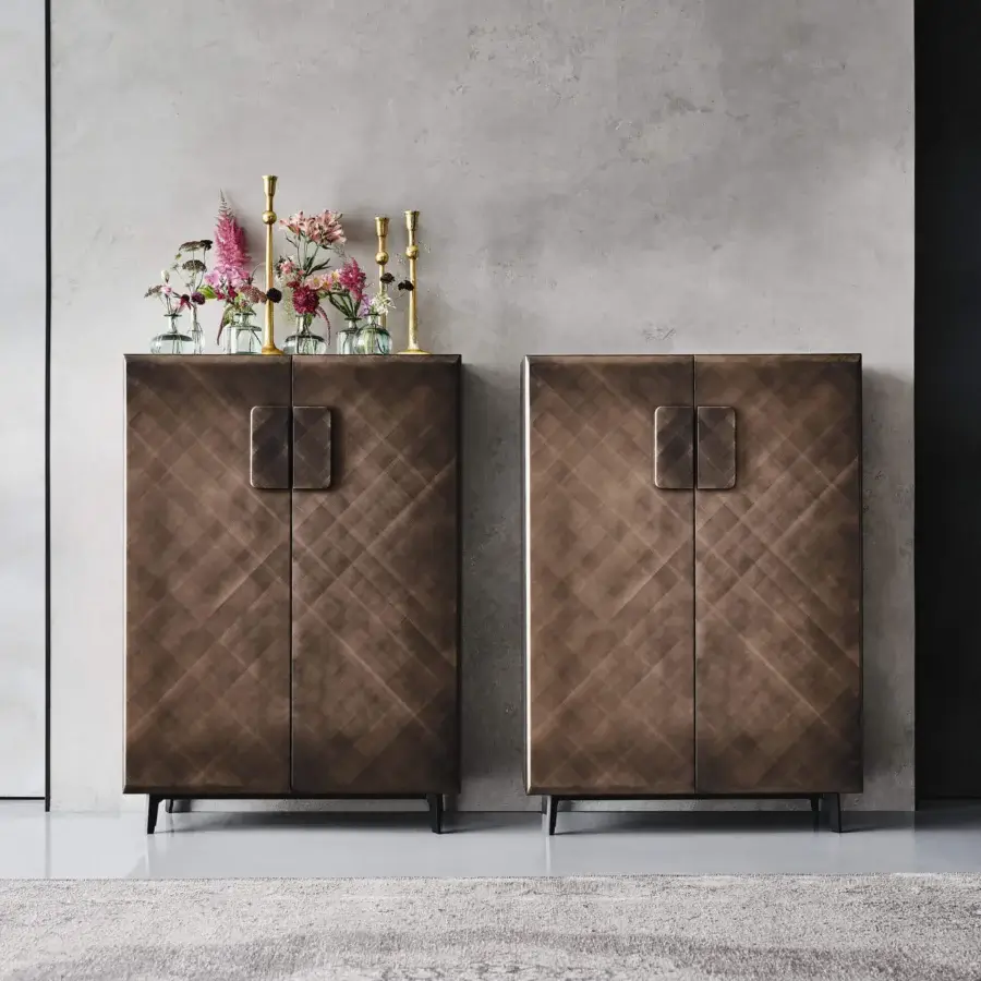 Distinguished Cattelan Italia Tudor cupboard with rounded edges and wide handle in a medium brown hue and brushed finish