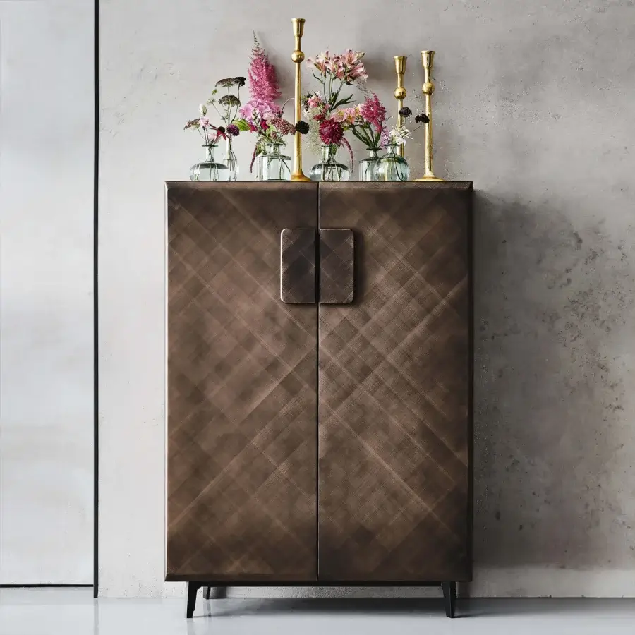 Distinguished Cattelan Italia Tudor cupboard with rounded edges, wide handle and dark brown wood finish showcasing a brushed design