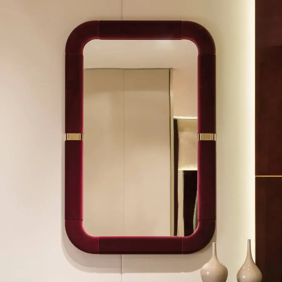 Lavish Turri Madison mirror with a rectangular frame upholstered in dark red textile and light gold metal details with a matte finish