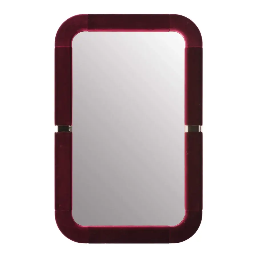 Exquisite Turri Madison mirror with a rectangular deep red textile frame and light gold metal details