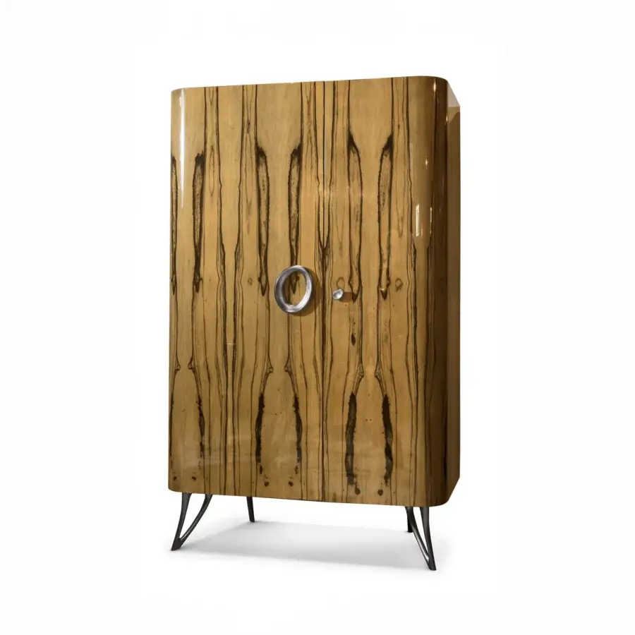 Distinctive BelMondo by Bellotti Ezio Zeus bar cabinet with light tan wood and dark brown vertical grain patterns in glossy finish