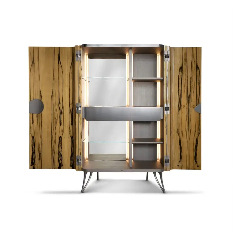 Meticulous BelMondo by Bellotti Ezio Zeus bar cabinet with glossy wood doors and matte gray interior built with a sleek metal frame