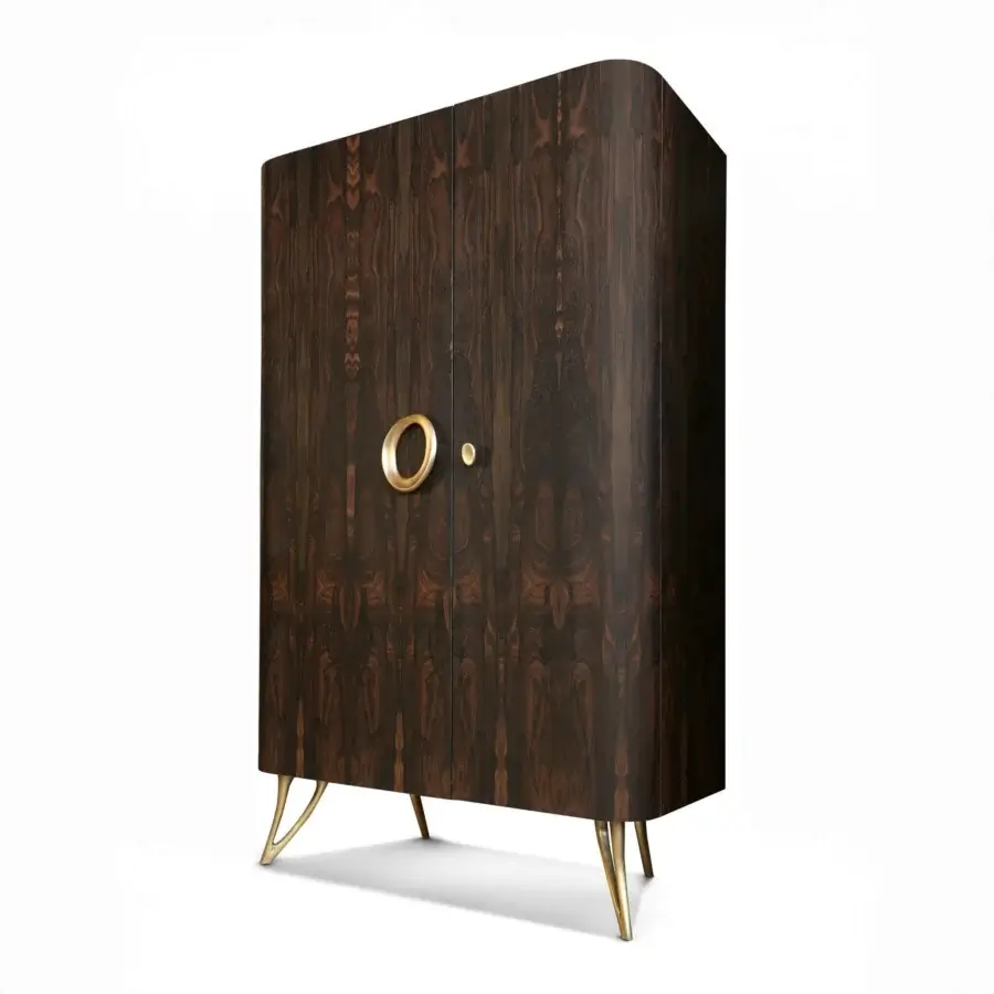 Distinguished BelMondo by Bellotti Ezio Zeus bar cabinet with dark brown glossy wood and gold-colored metal legs built for refined storage