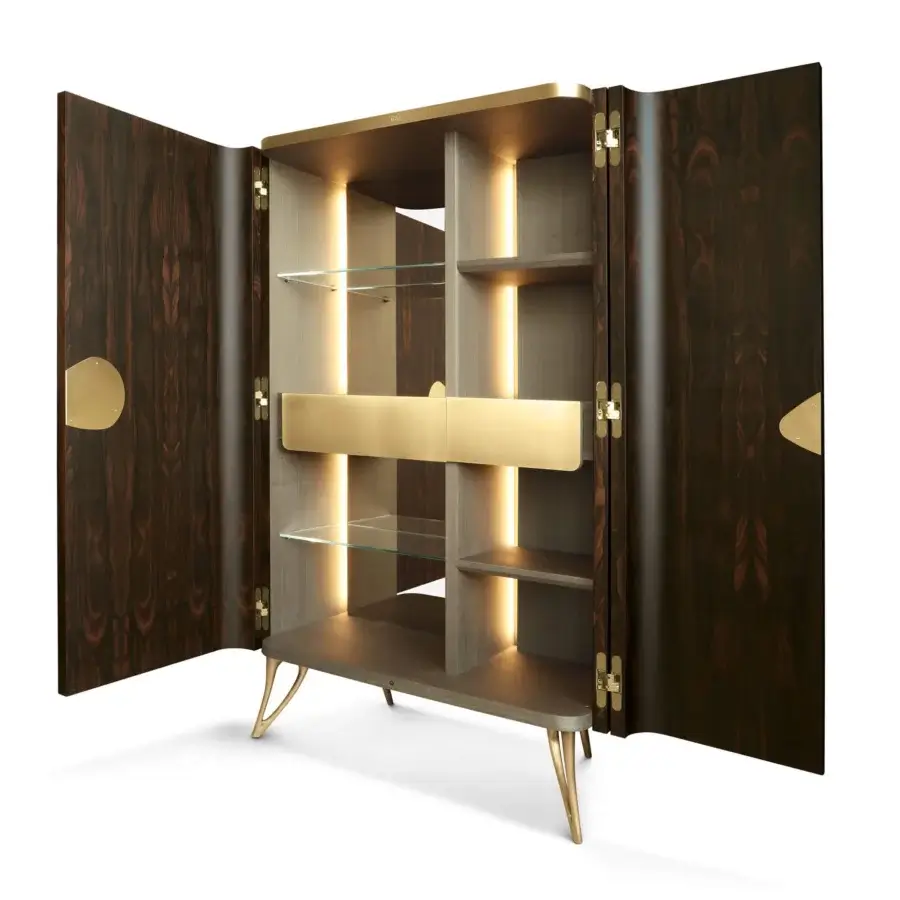 Distinguished BelMondo by Bellotti Ezio Zeus bar cabinet with glossy dark brown wood and elegant brass accents
