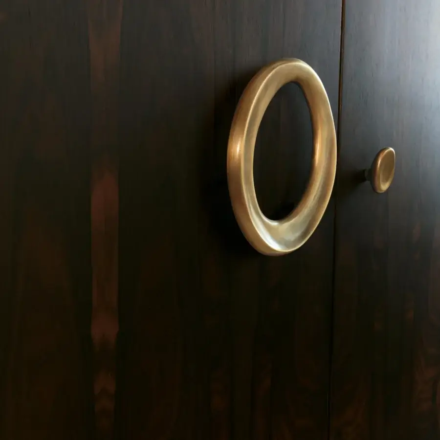 Superior BelMondo by Bellotti Ezio Zeus bar cabinet in richly grained dark wood with glossy finish and brass hardware