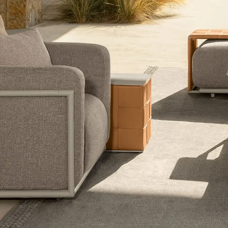 Distinguished Talenti Tressé Cube side table handwoven in Italy with light brown leather bands and matte finish