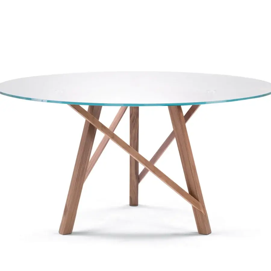 Exceptional Pacini & Cappellini Zeus table with glossy glass and woven Canaletto walnut planks creating a warm brown tone