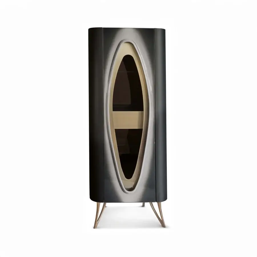 Exceptional BelMondo by Bellotti Ezio Pangea cabinet with dark gray wood-like material and light beige lacquered oval opening crafted with a matte finish