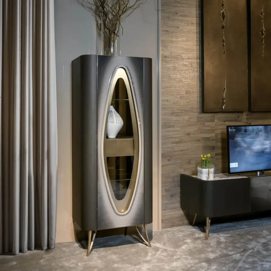 Superior BelMondo by Bellotti Ezio Pangea cabinet with dark gray semi-gloss finish and oval opening framed in metallic material