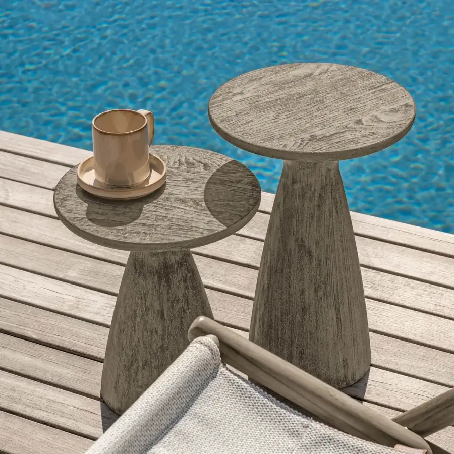 Elegant Talenti Parker side table in muted gray-brown wood with a textured matte finish ensures stability and refined aesthetics