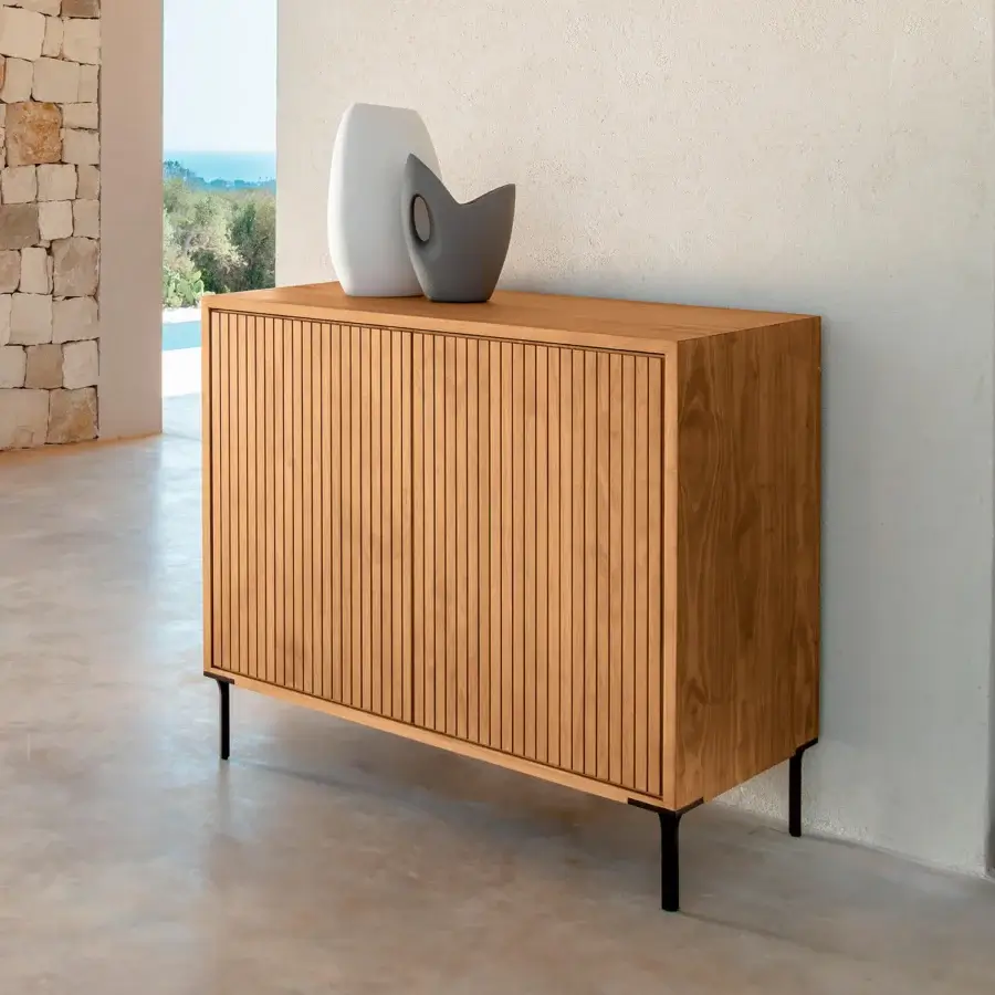 Sophisticated Talenti Chora sideboard crafted from natural wood with vertical slats and a smooth finish alongside a matte black metal base