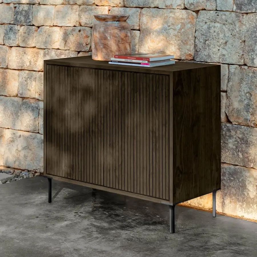 Exceptional Talenti Chora sideboard crafted in Italy with dark brown wood and sleek metal legs exhibiting a vertically ribbed texture