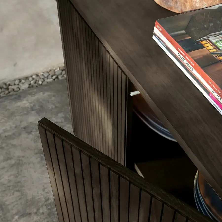Superior Talenti Chora sideboard with dark brown natural wood and sleek metal base in matte finish