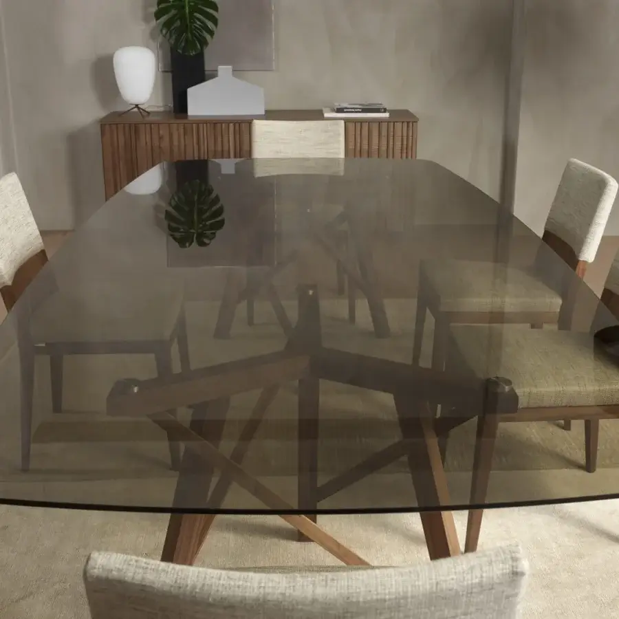 Elegant Pacini & Cappellini Zeus table with tempered glass top and woven solid ash planks in a smooth matte brown finish