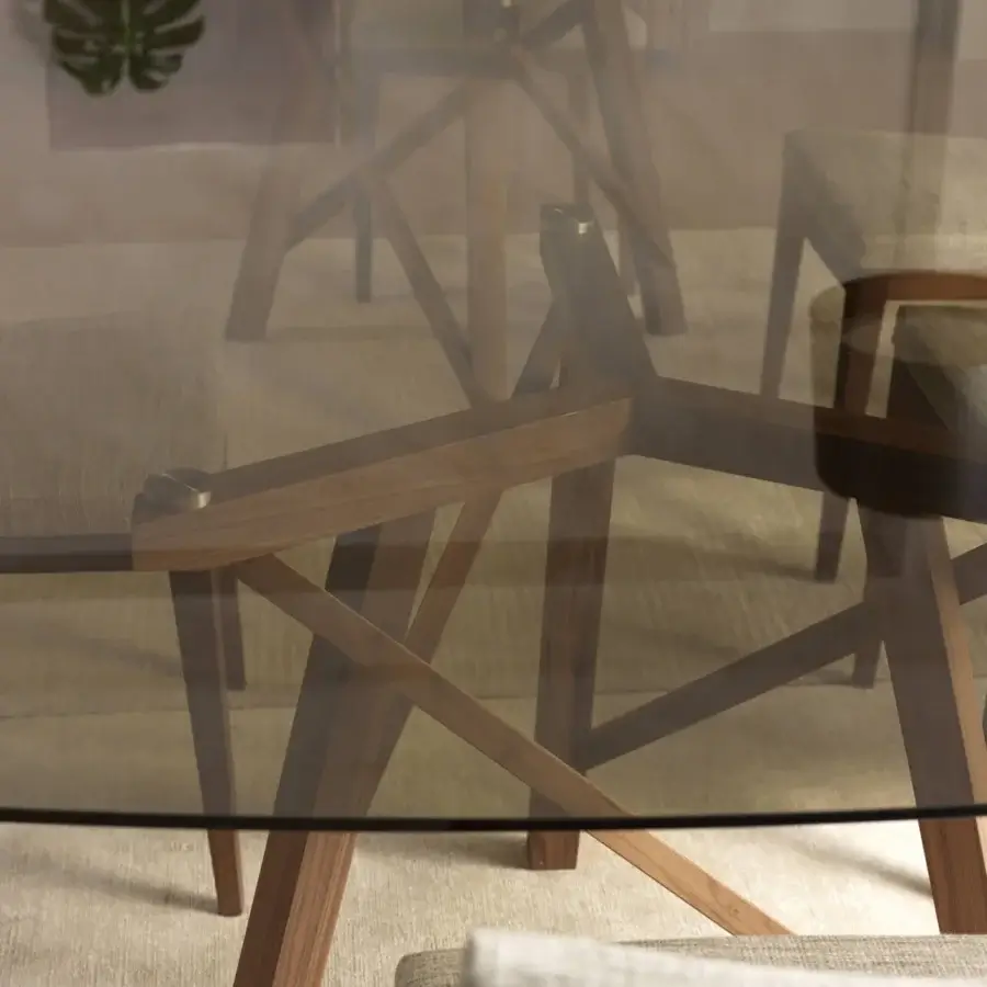 Exceptional Pacini & Cappellini Zeus table with rectangular tempered glass top and woven solid ash base in a medium brown finish