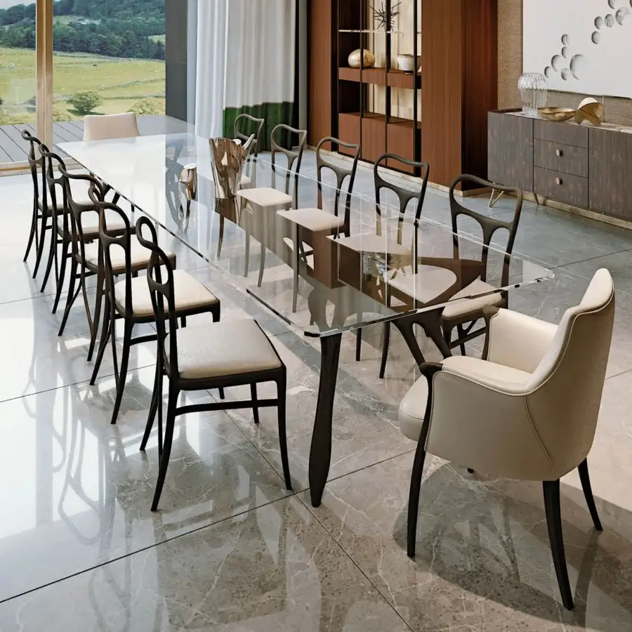 Exceptional BelMondo by Bellotti Ezio Prometeo table with clear glass and dark-toned wood, crafted in Italy