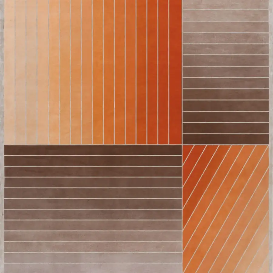 Harmonious Turri Madison rug with beige, brown, and blue lines hand-knotted in wool and silk with a smooth finish
