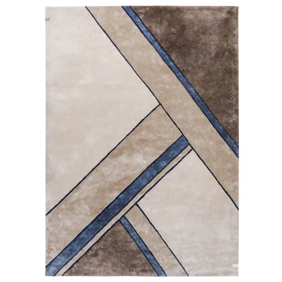 Exceptional Turri Madison rug showcases geometric patterns with intersecting beige, tan, and brown shapes in wool and silk construction