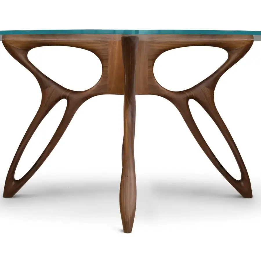 Harmonious BelMondo by Bellotti Ezio Prometeo round table with tinted blue glass tabletop and medium-brown finished wooden base crafted in Italy