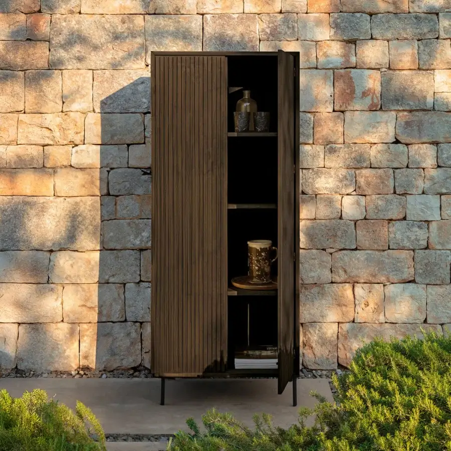 Superior Talenti Chora cupboard crafted from natural wood with a black metal base and dark matte ribbed finish