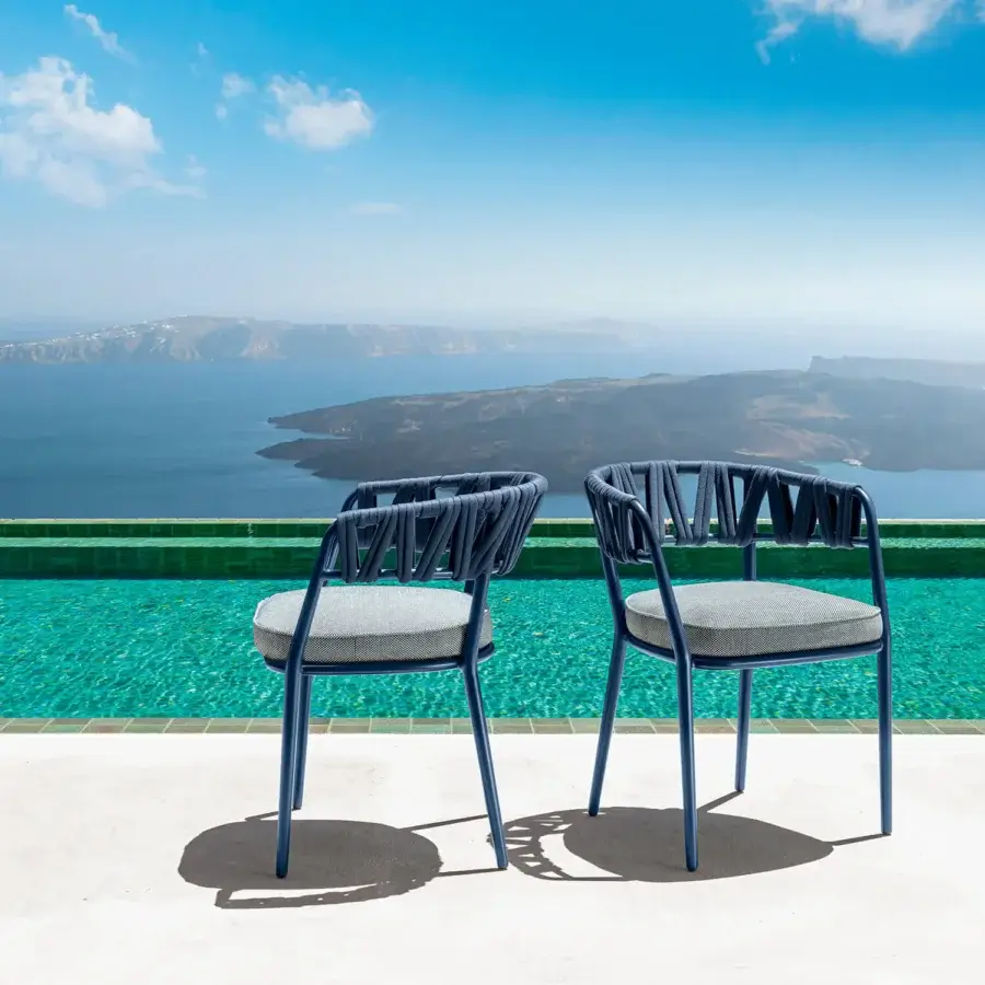 Distinctive Talenti Swipe armchair with woven gray textile and blue rope backrest in a lightweight aluminum finish