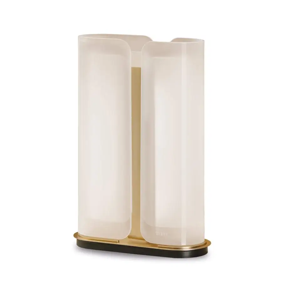 Exclusive Turri Madison table lamp with opaque white glass sections and satin metal structure, accented with gold