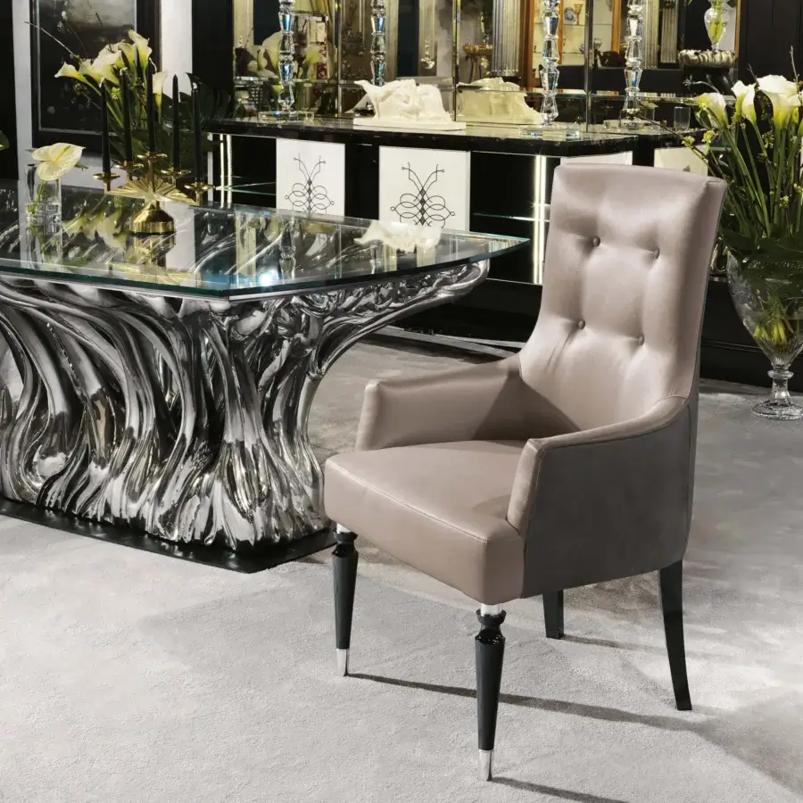 Exceptional BelMondo Ficus table showcases sculptural artistry with a glass top and silver-toned organically shaped base resembling intertwined branches