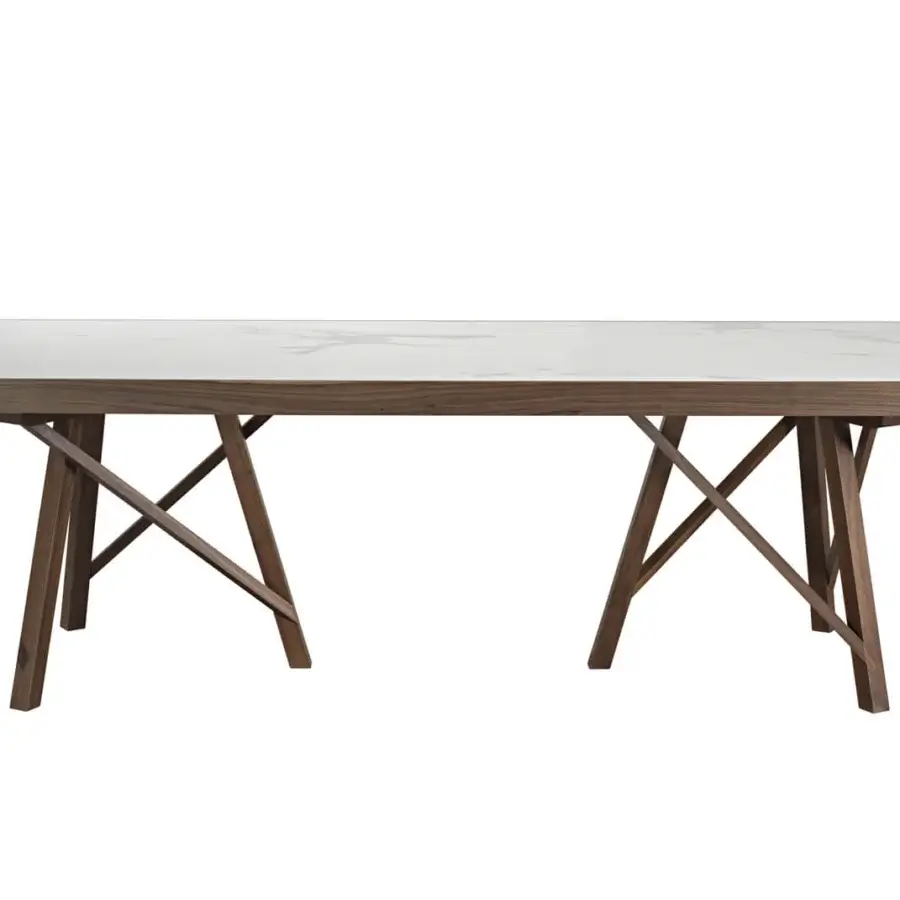 Exceptional Pacini & Cappellini Zeus table with rectangular Laminam® top and woven solid ash plank base