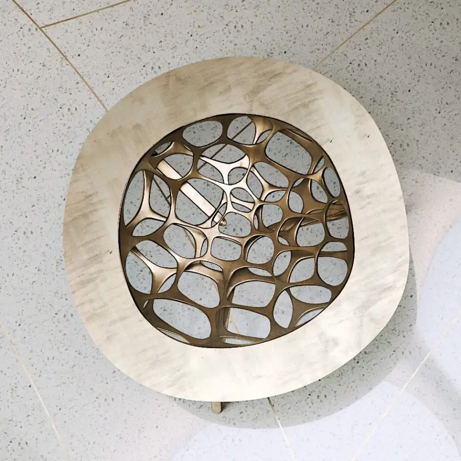 Exceptional BelMondo by Bellotti Ezio Pegaso table crafted with interwoven metal in light gold or bronze tone finish