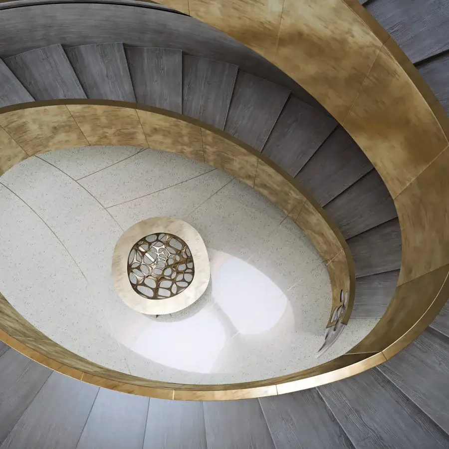 Distinguished BelMondo by Bellotti Ezio Pegaso table with light-colored tabletop and captivating bronze metallic circular design crafted within