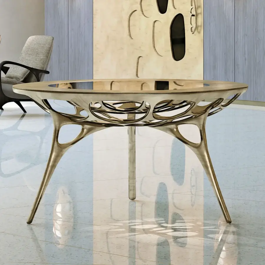 Distinguished BelMondo by Bellotti Ezio Pegaso table with warm light wood and rounded glass, crafted with interconnected metal legs and smooth finish