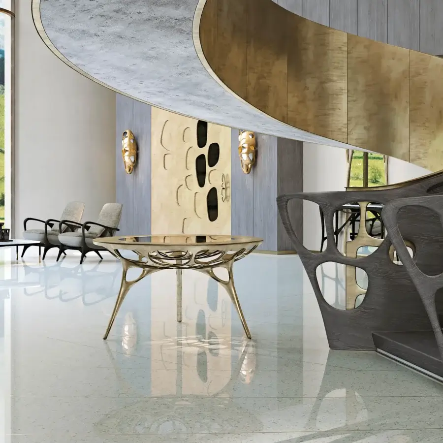 Distinguished BelMondo by Bellotti Ezio Pegaso table with reflective glass top and light-toned sculptural metal base