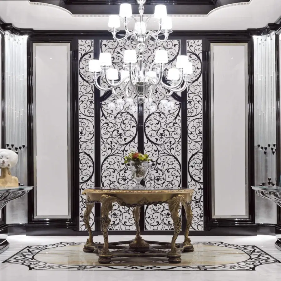 Distinguished BelMondo by Bellotti Ezio Ficus console with transparent tabletop and glossy gold finish showcases intricately carved legs