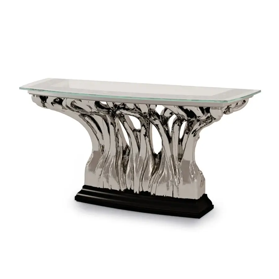 Superior BelMondo by Bellotti Ezio Ficus console with sculptural silver-toned supports and a clear glass top built upon a smooth black base